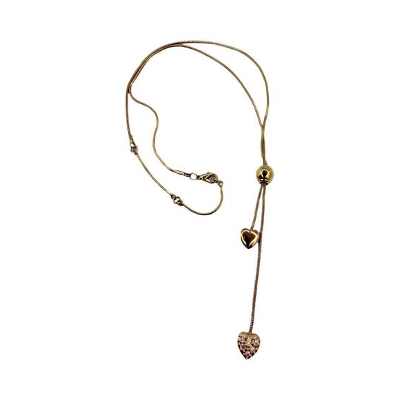 Gold Tone Double Heart Lariat Chain Necklace 22" Rhinestone Love Valentines Day - Picture 7 of 8